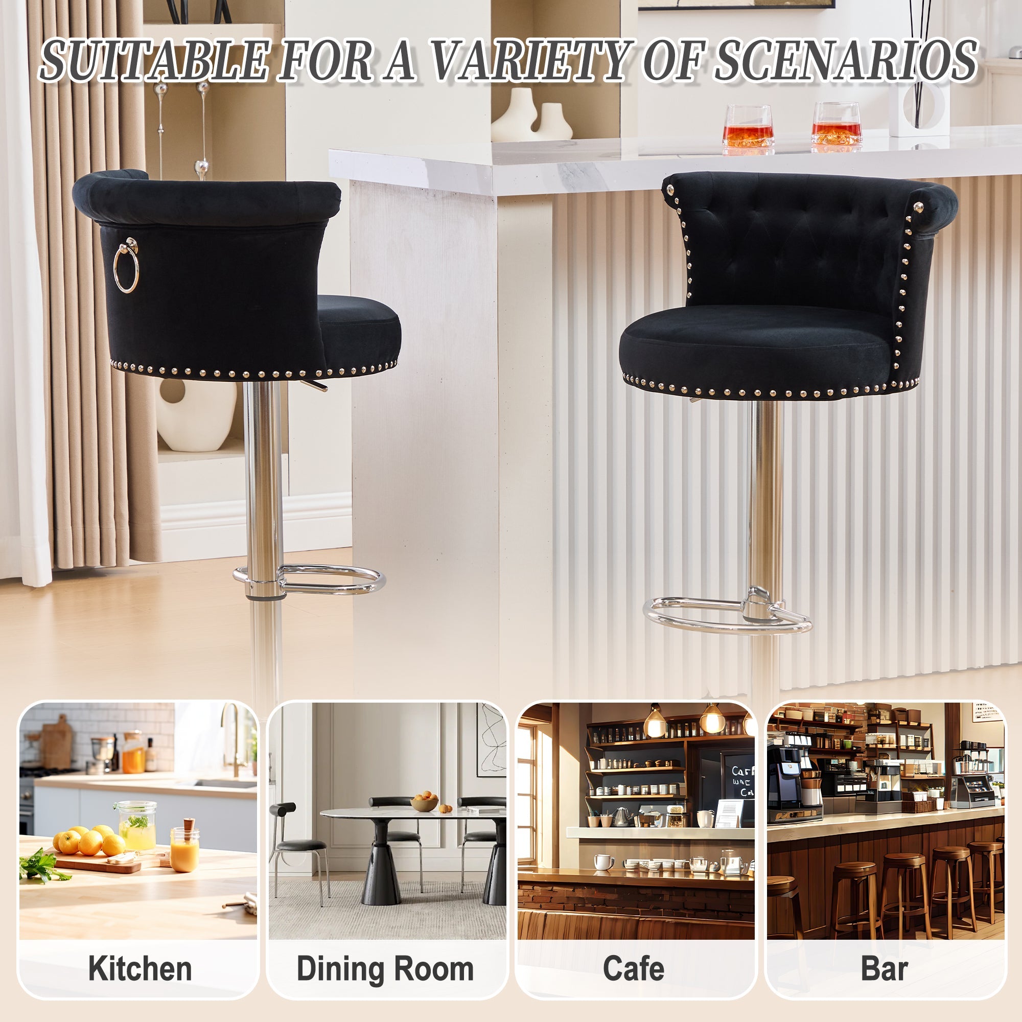 Velvet Bar Stool Set of 2, Adjustable Swivel Bar Stools with Silver