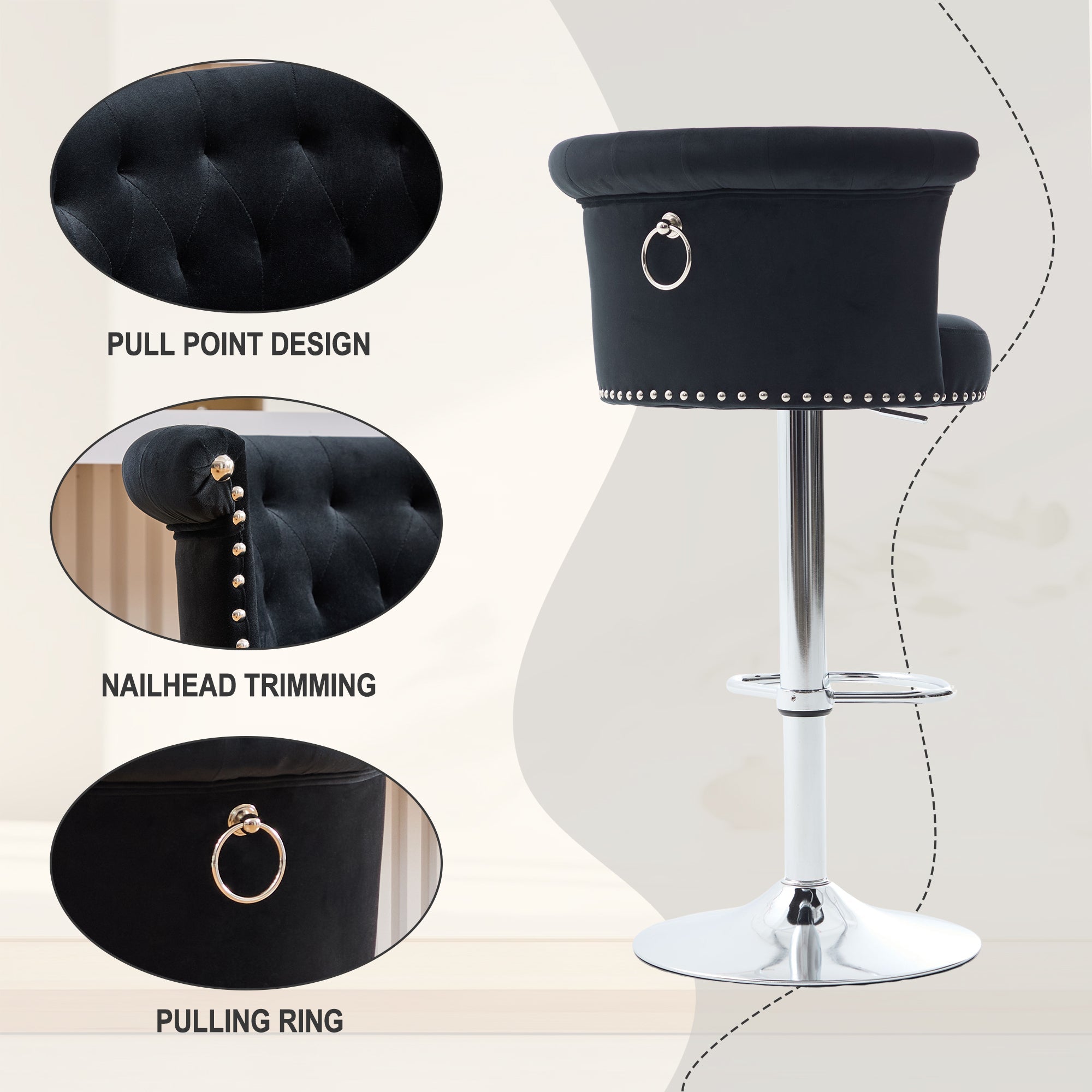 Velvet Bar Stool Set of 2, Adjustable Swivel Bar Stools with Silver