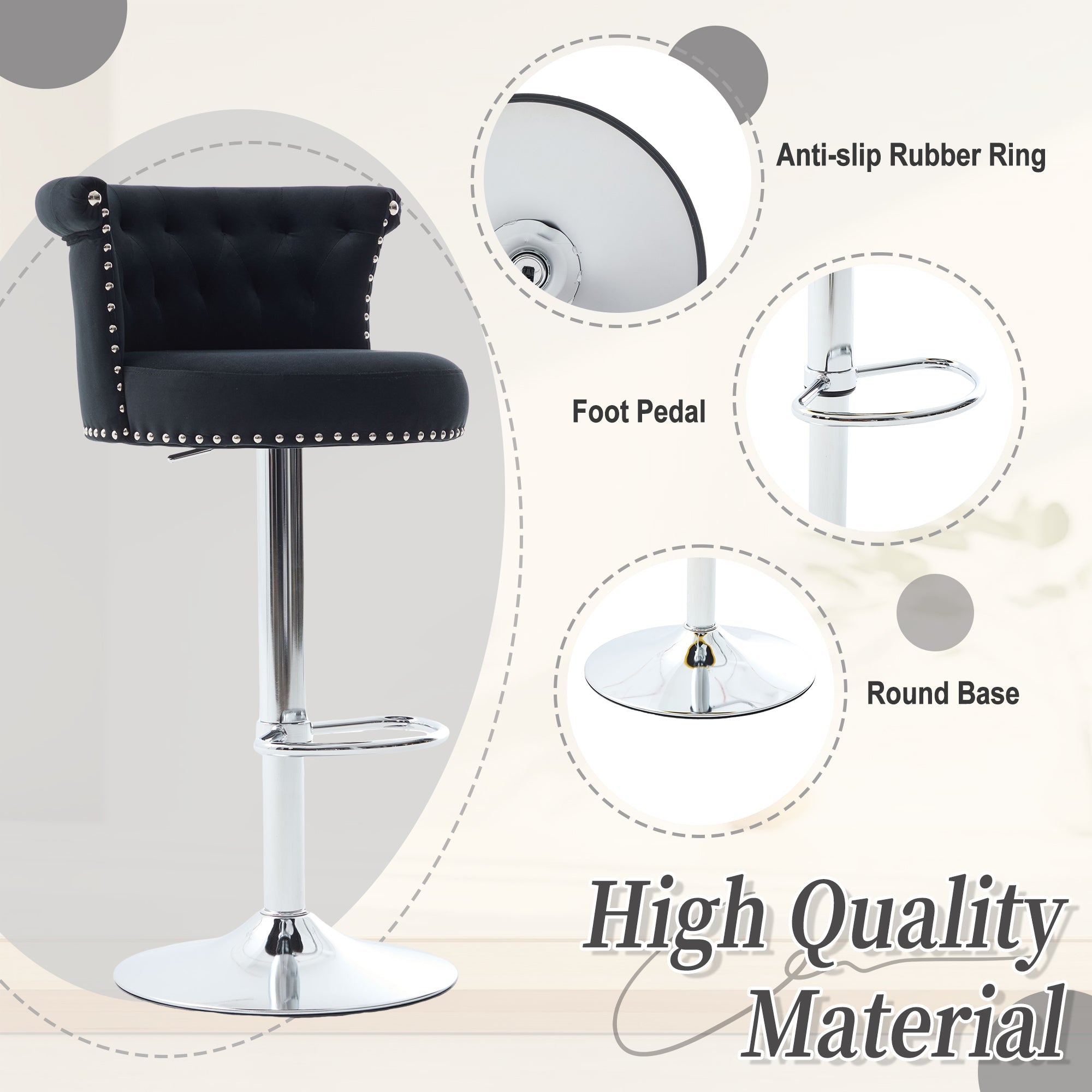 Velvet Bar Stool Set of 2, Adjustable Swivel Bar Stools with Silver