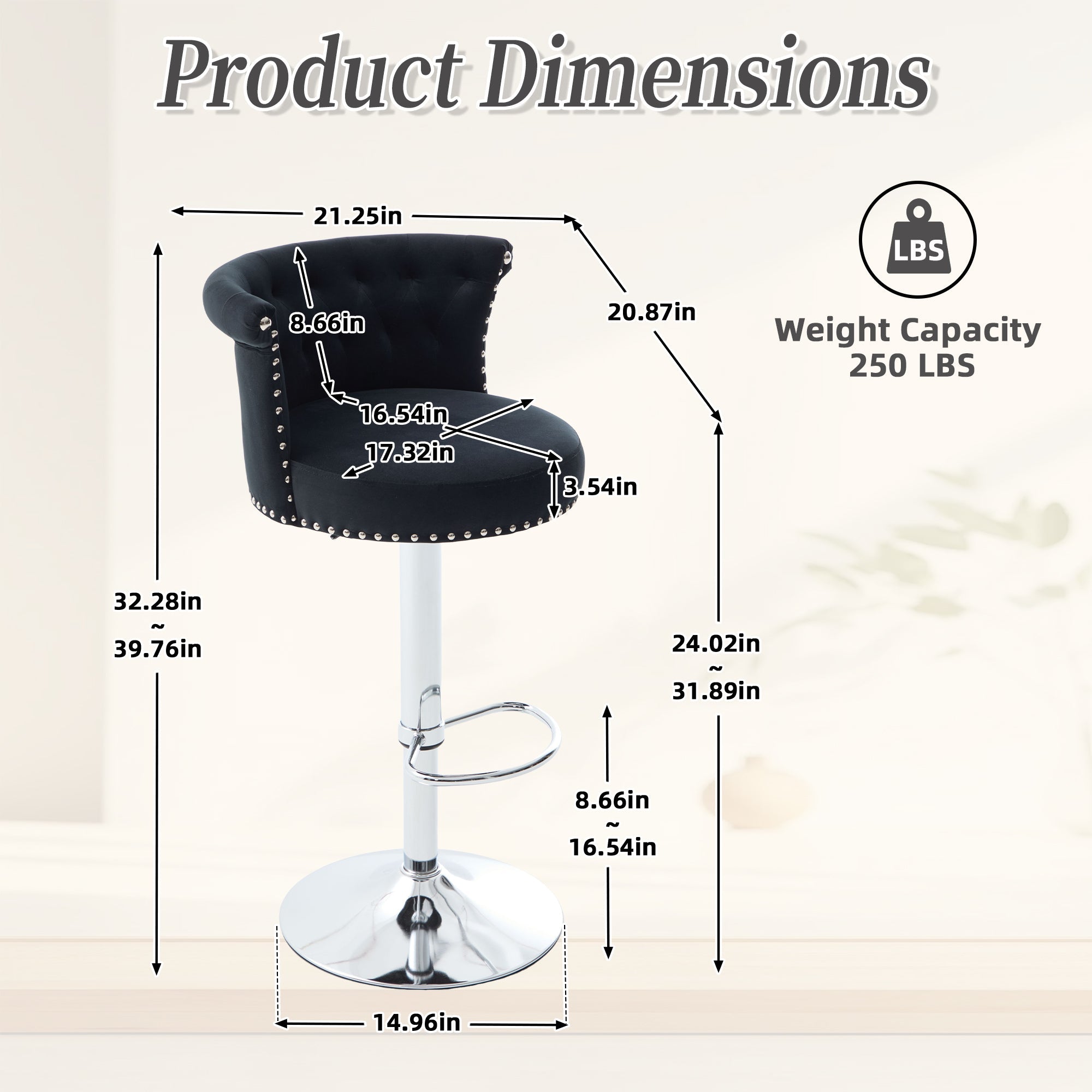 Velvet Bar Stool Set of 2, Adjustable Swivel Bar Stools with Silver